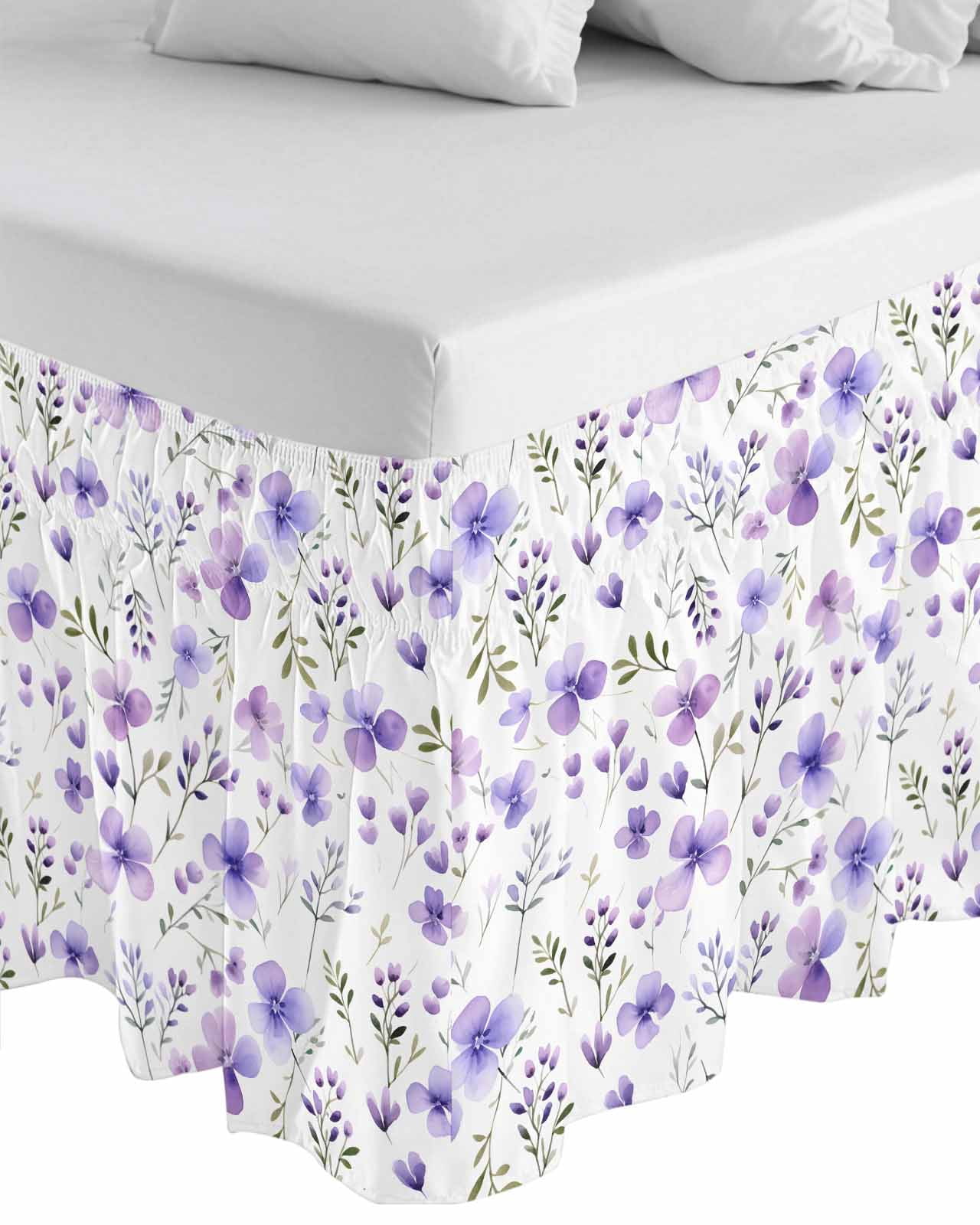 Purple Spring Floral Wrap Around Bed Skirts for Queen Bed 18" Drop,Bed Skirt with Adjustable Elastic Belt Dust Ruffle Bed Valance for Bedroom Hotel Pastoral Botanical Watercolor Bed Frame Cover