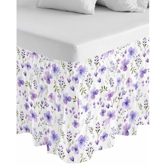 Purple Spring Floral Wrap Around Bed Skirts for Queen Bed 18" Drop,Bed Skirt with Adjustable Elastic Belt Dust Ruffle Bed Valance for Bedroom Hotel Pastoral Botanical Watercolor Bed Frame Cover
