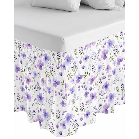 Purple Spring Floral Wrap Around Bed Skirts for Queen Bed 18" Drop,Bed Skirt with Adjustable Elastic Belt Dust Ruffle Bed Valance for Bedroom Hotel Pastoral Botanical Watercolor Bed Frame Cover