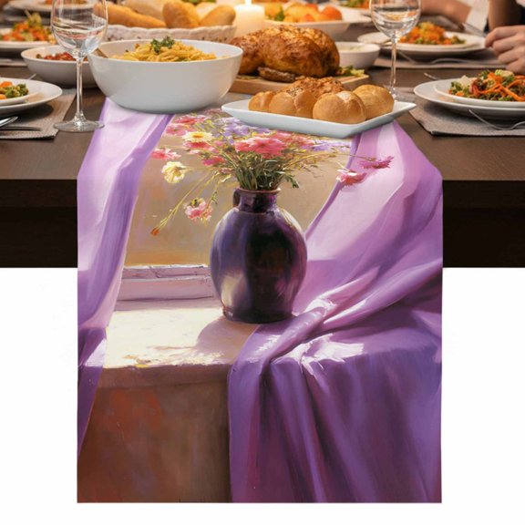 Purple Spring Flowers Table Runner 70 Inch Long Dresser Scarves Linen Tablerunners Modern Abstract Chic Oil Painting Dining Kitchen Burlap Table Setting Decor for Party Holiday Coffee, 13"x70"