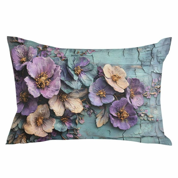 Purple Spring Flowers Throw Pillow Cover 12 x 20 Inch Decorative Pillow Cover Retro Blue Mottled Wall Pastoral Lumbar Pillowcase Seasonal Rectangle Cushion Case for Couch Sofa Bed Living Room