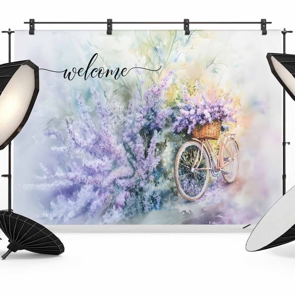 Purple Spring Lavender Backdrop for Photoshoot,Photography Photo Studio Background Wall Backdrop,Flowers Bicycle Pastoral Farm Back Drop Banner Panel for Portraits Wedding Party Live Streaming 8x6Ft
