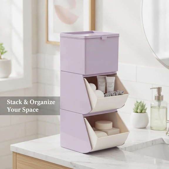 Purple Stackable PP Plastic Storage Box for Small Office Home Items