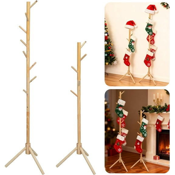 Purple Star 2 Set Christmas Wooden Stocking Holder Stand, Rustic Freestanding Xmas Stockings Hanger Rack, Christmas Stocking Tree Stand Rack for Holiday Home Living Room Farmhouse Decoration