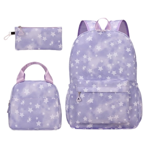 Purple Star Laptop Backpack Set for Women, 3 Piece School Bag Bundle with Lunch Box Pencil Case, 15.6 Inch Computer Compartment, Large Capacity Water Resistant Nylon Daypack for College Travel Work