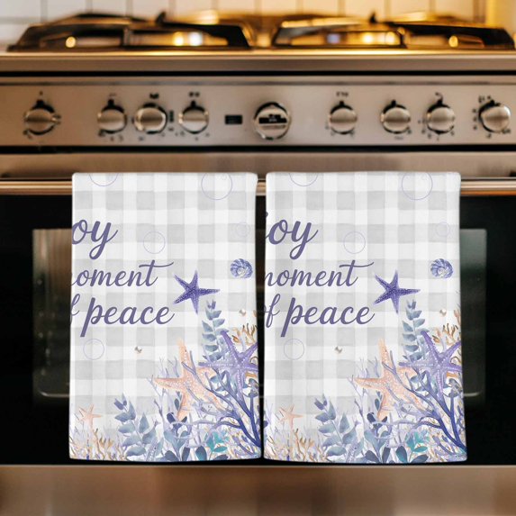 Purple Starfish Coastal Kitchen Towels Set of 4, Nautical Coral Ocean Checkered Absorbent Dish Towels for Kitchen, Microfiber Hand Towel, Quick Drying Tea Towel for Cleaning Decorative Dishcloths
