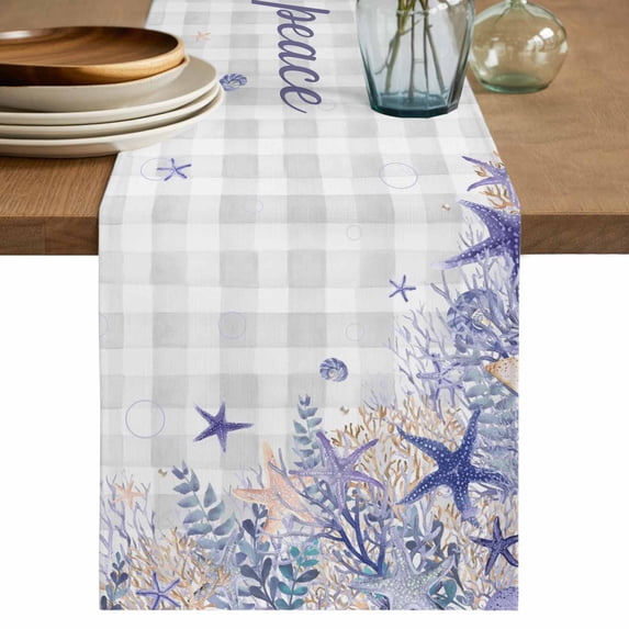 Purple Starfish Coastal Table Runner 72 Inches, Nautical Coral Ocean Checkered Bed Runner Dresser Scarves Tabletop for Indoor Outdoor Parties/Ceremony/Banquet, 16" x 72"