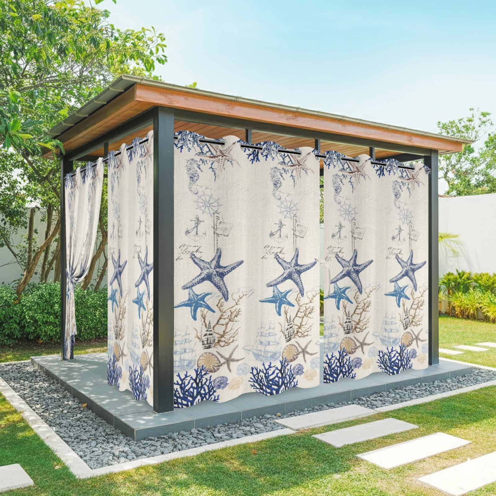 Purple Starfish Outdoor Curtains for Patio, Coastal Ocean Coral Conch Sand Dollars Linen Texture Sunshade Privacy Drapes Grommet Waterproof Outside Curtains for Porch/Cabana/Balcony 54"x108", 1 Panel