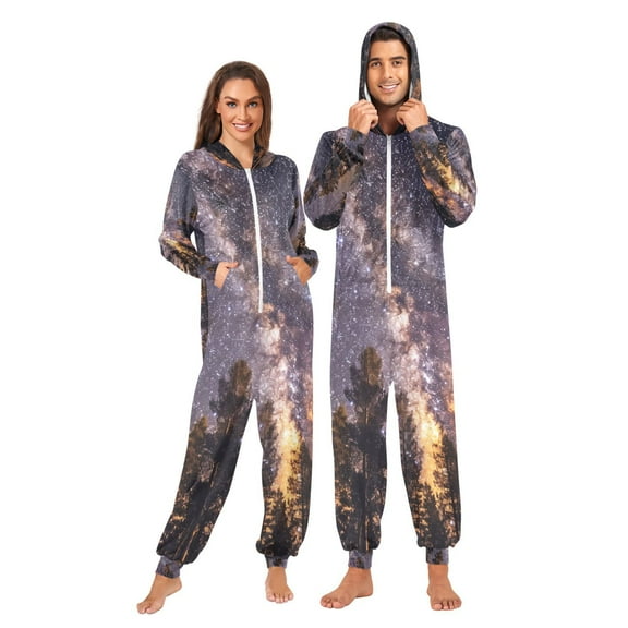 Purple Starry Sky Adult Onesie Pajamas Slim Fit Christmas One Piece Suit Pjs for Women and Men Hooded Zipper