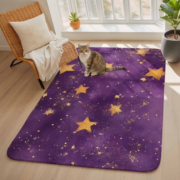 Purple Starry Sky Area Rugs for Living Room 5x6, Star Galaxy Fantasy Romantic Washable Area Rug with Non Slip Backing, Stain Resist Linen Carpet for Bedroom, Dining Room, Entryway, Entrance