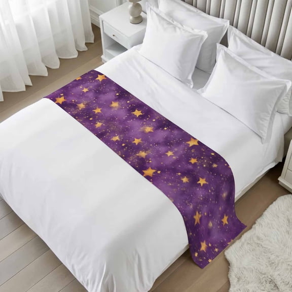Purple Starry Sky Bed Runner Scarf, Star Galaxy Fantasy Romantic Twin Bed Scarf Runner, No Fading Decorative Bedding Scarf for Bedroom Hotels Homes and Guestrooms