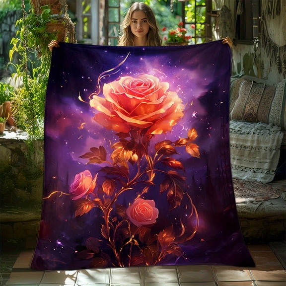 Purple Starry Sky Golden Rose Print Blanket Flannel Throw For Sofa Bed Livingroom Office Couch Travel Camping Bed Digital Printing Blanket Soft Warm Flannel Fabric Gifts For Family Friends