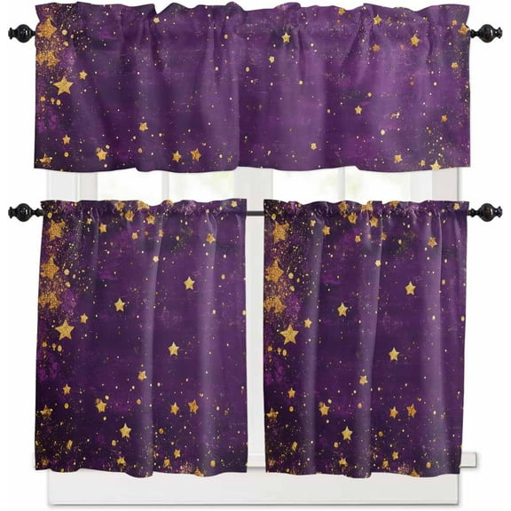 Purple Starry Sky Kitchen Curtains and Valances Set, Galaxy Star Rod Pocket Window Valance 18 Inch Fantasy Romantic Window Curtain Panels for Living Room Bedroom Laundry, 27.5x36in, 3 Pieces