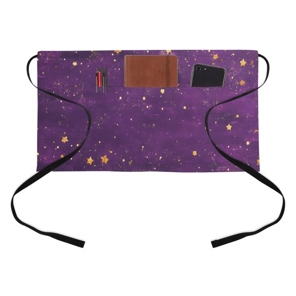 Purple Starry Sky Kitchen Restaurant Half Waist Apron, Galaxy Star Server Short Apron with 3 Pockets Waterproof Oil Waist Aprons for Women Waitress Waiter