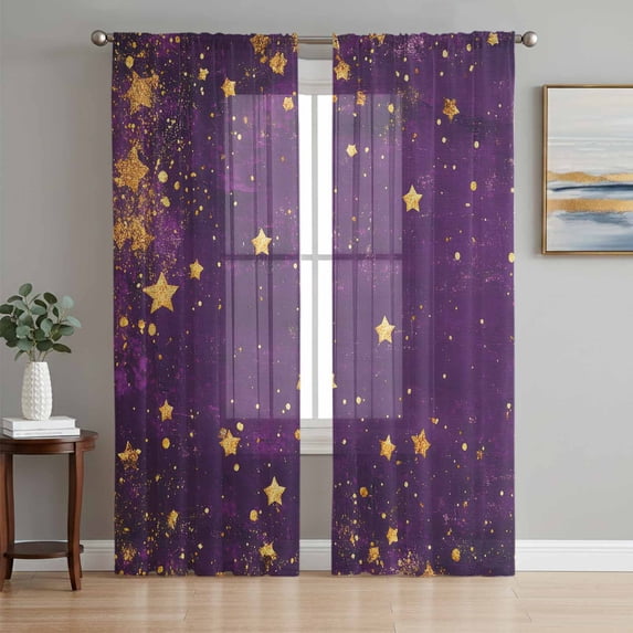 Purple Starry Sky Star Sheer Curtains 72 Inch Length 2 Panels Set, Vintage Stars Yellow Voile Window Treatment Rod Pocket Curtains Sheers Drapes for Bedroom/Living Room/Kitchen 52"x72"x2
