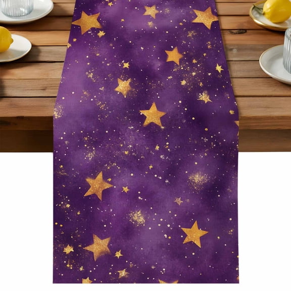 Purple Starry Sky Table Runner, Star Galaxy Cotton Linen Table Cloth, Fantasy Romantic Tablerunner for Kitchen Dining Party Wedding Home Decor 13x36 Inch