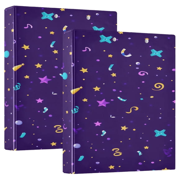 Purple Stars Pattern 12.4x10.6in PVC Round Ring Binders, 2-Pack, D-Ring 3-Hole, Metal Clip