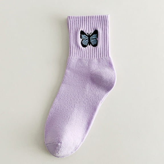 Purple Stockings Ladies Socks Pure Cotton Socks Fashion Butterfly Embroidered Stockings Sports Socks