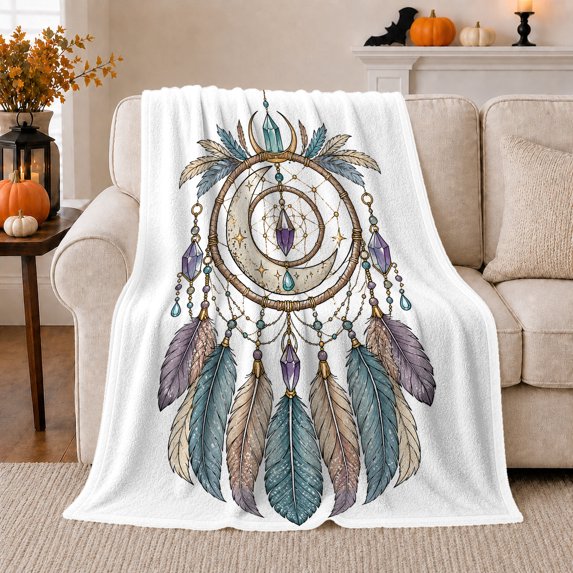 Purple Stone Dreamcatcher with Blue and Tan Feathers, Serene Boho Feather Motif for Boho Style Fans, Birthday Gift, Soft Flannel Blanket for Bedroom and Guest Room, Soft Home Decor