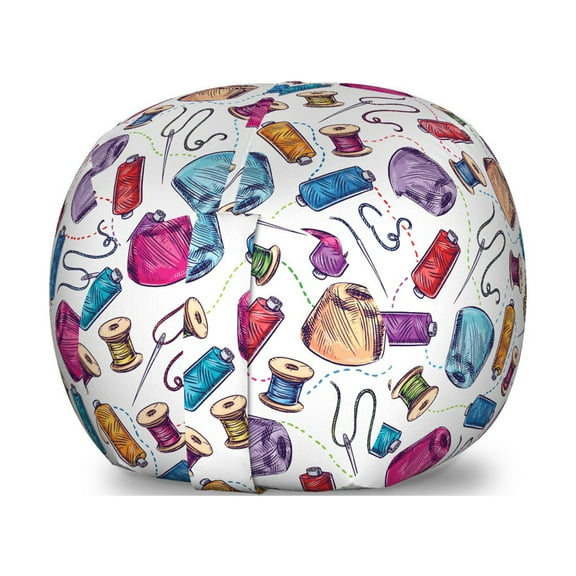 Purple Storage Toy Bag Chair, Stitching Sewing Dressmaking Related Colorful Thread Needle Spool Drawings, Stuffed Animal Organizer Washable Bag, Small Size, White and Multicolor, by Ambesonne