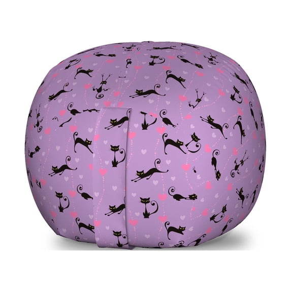 Purple Storage Toy Bag Chair, Unlucky Black Cat with Heart Filled Backdrop Valentines Day Animal Fun, Stuffed Animal Organizer Washable Bag, Small Size, Lavender Pink Black, by Ambesonne