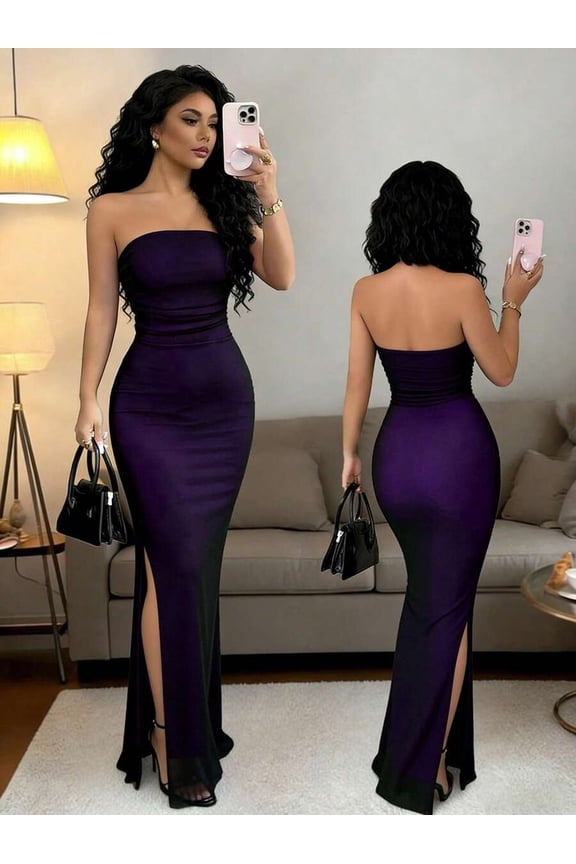 Purple Strapless Long Bodycon Evening Dress With High Slit And Ruched Bust