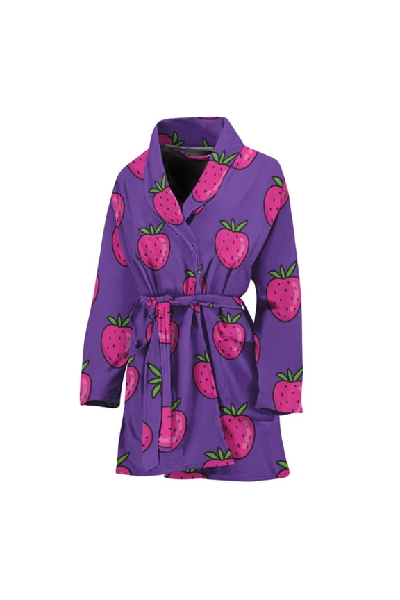 Purple Strawberry Pattern Women Bathrobe One Size Univeral Fits, Food Lover Fashion Lightweight Plush Fleece Long Robe For Women