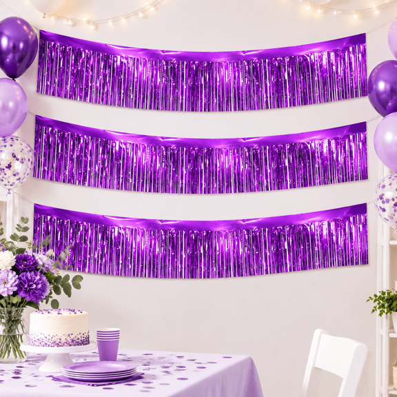 Purple Streamers Parade Float Decorations 3 Packs 36 Feet Metallic Purple Foil Fringe Garland Wall Ceiling Hanging Fringe Banners Backdrop for Birthday Party Decoration Halloween