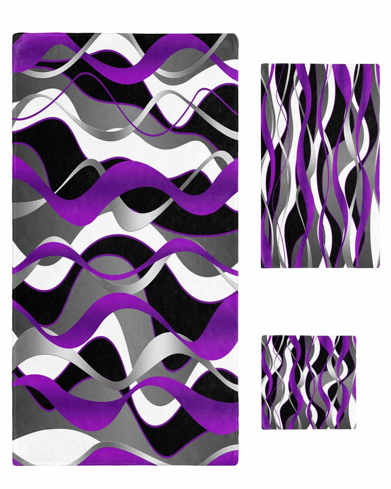 Purple Stripe Bath Towels for Bathroom Set,Luxury Microfiber Towels Gifts for Women,Beach Kitchen Hand Hair Face Towel and Dish Washcloth,Black Grey White Gradient Striped Geometric Towels+Set
