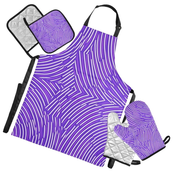 Purple Stripe Chart Oven Mitts and Pot Holders with Chef Apron Set 5 Pcs Kitchen Cooking Set