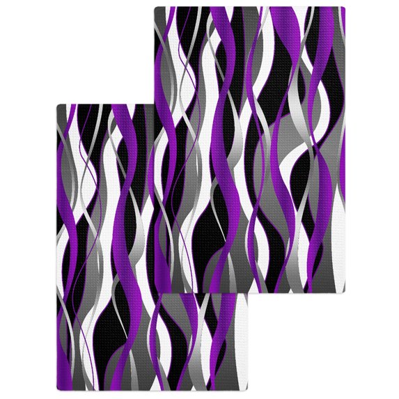 Purple Stripe Kitchen Dish Towels for Drying Dishes Set of 2, Black Grey White Gradient Striped Geometric Waffle Weave Microfiber Hand Tea Bathroom Towels Quick Dry & Absorbent Towel 15.7x23.6