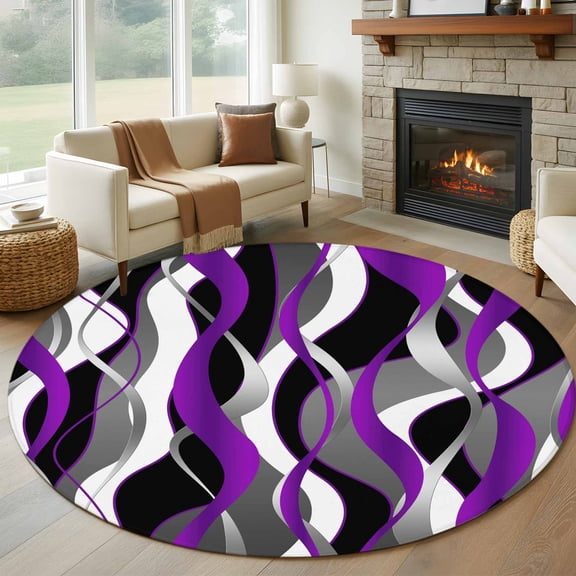 Purple Stripe Round Area Rug 5 FT,Non Slip Bedroom Area Rug,Black Grey White Gradient Striped Geometric Washable Soft Circular Carpet Floor Mat for Kitchen Dining Room Foyer Balcony Dorm