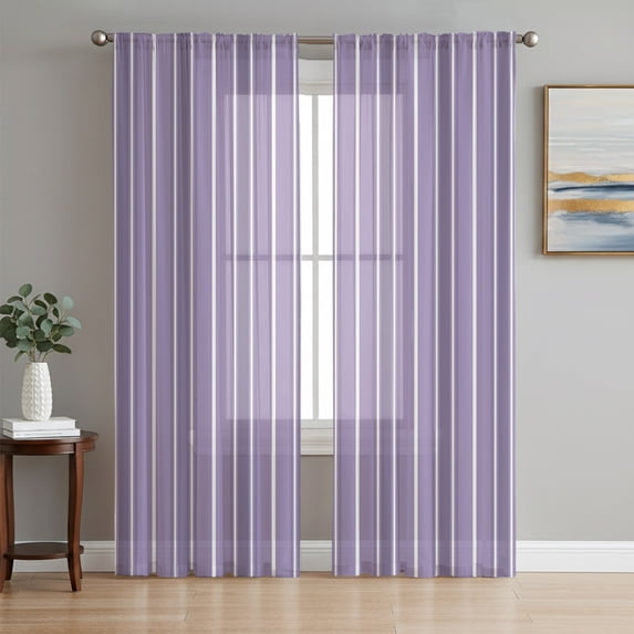 Purple Stripe Sheer Curtains 96 Inch Length 2 Panels Set, Modern Minimalist Geometric Striped Voile Window Treatment Semi Sheer Long Curtains Drapes for Bedroom/Living Room/Kitchen 52"x96"x2