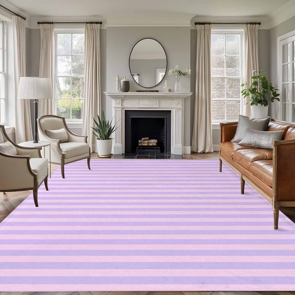Purple Striped 8'x10' Large Area Rug for Living Room Sectional Sofa, Simple Pink Stripes Modern Style Washable Non Slip Low Pile Rectangle Area Rug