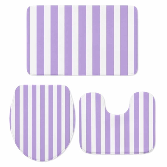 Purple Striped Bath Mat 3 Piece Bathroom Rug Set, Modern Farmhouse Purple White Stripes Non Slip Bath Rug Contour Mat and Toilet Lid Cover, Absorbent Shower Mats Soft Bath Rugs and Mats Sets