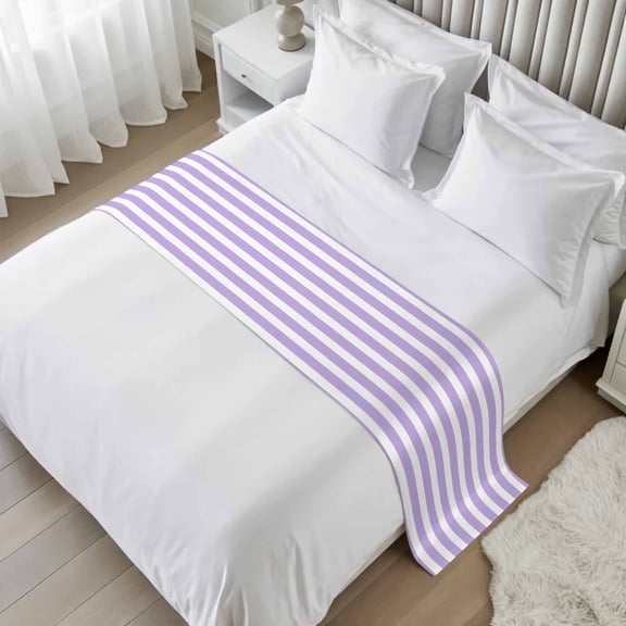 Purple Striped Bed Runner, Satin Bed Throw Runner for Queen Size Beds, Modern Farmhouse Purple White Stripes Decorative Bedding Scarf for Bedroom Hotel Wedding Room Guestrooms 94"x20"
