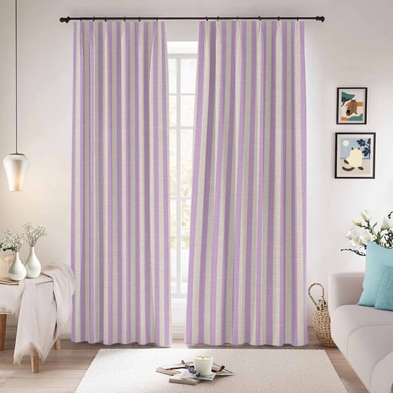 Purple Striped Blackout Curtains for Bedroom/Living Room, Pinch Pleated Black Out Curtains, Modern Simple Farmhouse Beige Vintage Room Darkening Window Drapes with Hooks 2 Panels, 59"x70"
