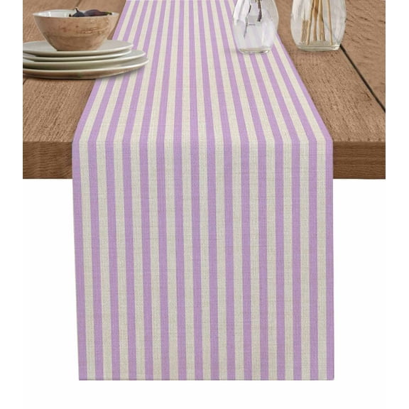 Purple Striped Burlap Cotton Table Runner 14x72 Inches Long, Modern Simple Farmhouse Beige Vintage Farmhouse Table Runners, Outdoor Dining Tablecloths Decor for Baby Shower/Party/Wedding