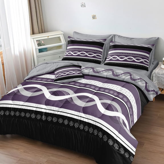 Purple Striped Comforter Set Queen Size, 7 Pieces Bed in A Bag Gray and Purple Patchwork , Geometric Comforter and Sheet Set,All Season Reversible Bedding Set