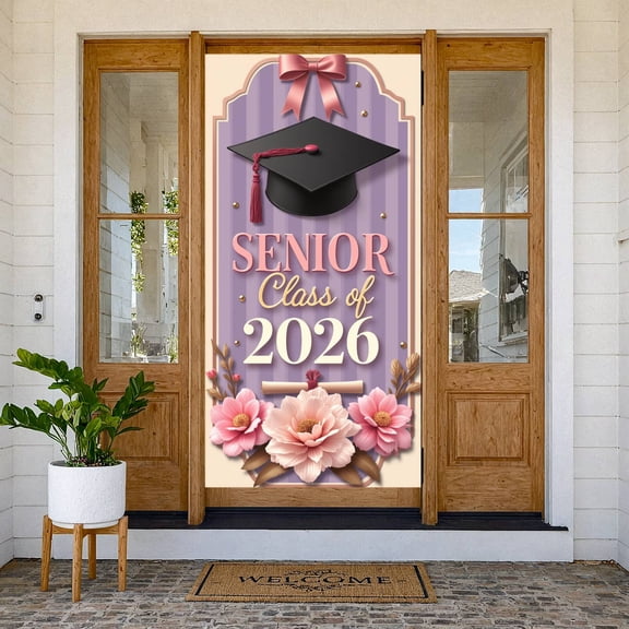 Purple Striped Graduation Banner Pink Floral Senior Class Display Graduation Cap Design Gold Accents 2026 Grad Backdrop for High School Graduation Senior Party Graduation Ceremony