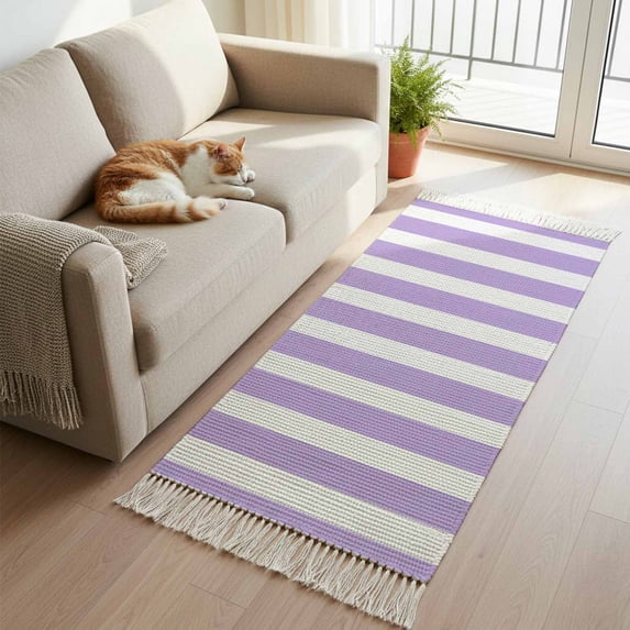 Purple Striped Hallway Runner Rug 2'x6', Modern Farmhouse Purple White Stripes Washable Entryway Rug with Tassels, Woven Cotton Laundry Room Rugs Long Carpet for Bathroom Sink Foyer Bedroom