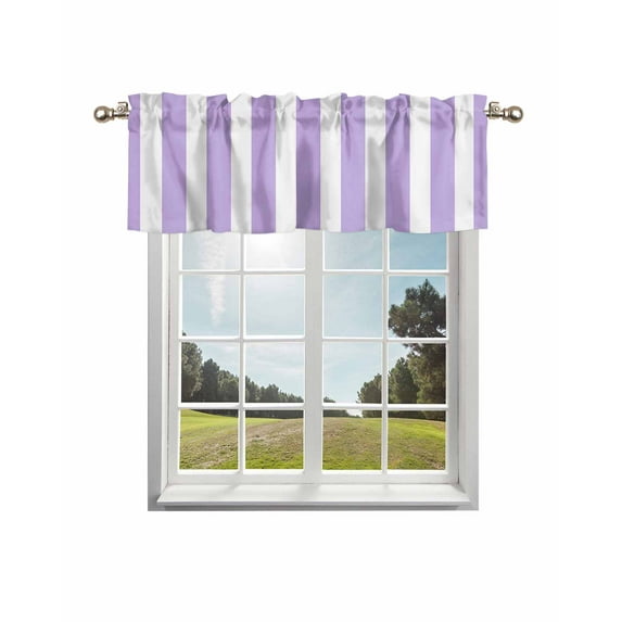 Purple Striped Kitchen Curtain Valances for Windows Farmhouse Short Curtains, Modern Farmhouse Purple White Stripes Rod Pocket Valance Curtain for Bedroom Cafe Living Room 42"x18"