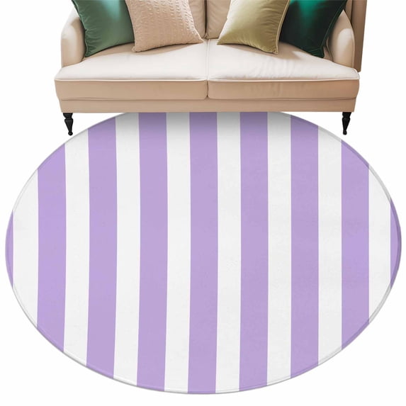 Purple Striped Large Area Rugs for Bedroom Living Room, Soft Non Slip Carpet Bedside Rug, Modern Farmhouse Purple White Stripes Round Floor Cover Kitchen Accent Rug 5' for Dining Room/Office