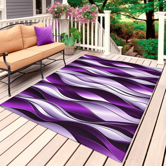 Purple Striped Ombre Outdoor Rug for Patio/Deck/Porch, Non-Slip Large Area Rug 4 x 6 Ft, Modern Purple Moire Geometric Indoor Outdoor Rugs Washable Area Rugs, Reversible Camping Rug Carpet Runner