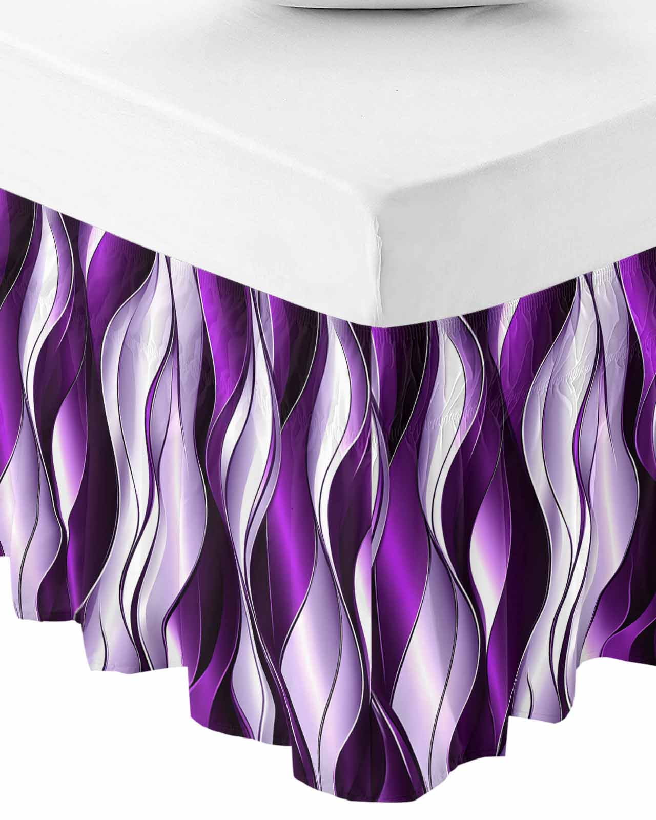 Purple Striped Ombre Wrap Around Bed Skirts for Queen Bed 18" Drop,Bed Skirt with Adjustable Elastic Belt Dust Ruffle Bed Valance for Bedroom Hotel Modern Purple Moire Geometric Bed Frame Cover
