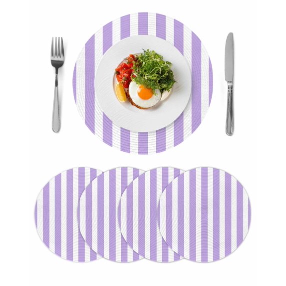 Purple Striped Round 13 Inch Placemats Set of 4, Modern Farmhouse Purple White Stripes HeatResistant Non Slip Place Mats for Dining Table, Wipeable Braided Kitchen Table Mats for Housewarming
