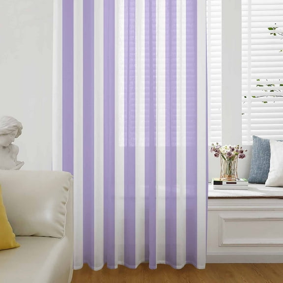 Purple Striped Semi Sheer Curtains Drapes for Living Room, Bedroom, French Doors Window 54 Inches Long, Modern Farmhouse Purple White Stripes Rod Pocket Chiffon Curtain Drapery Voile Draperies Panel