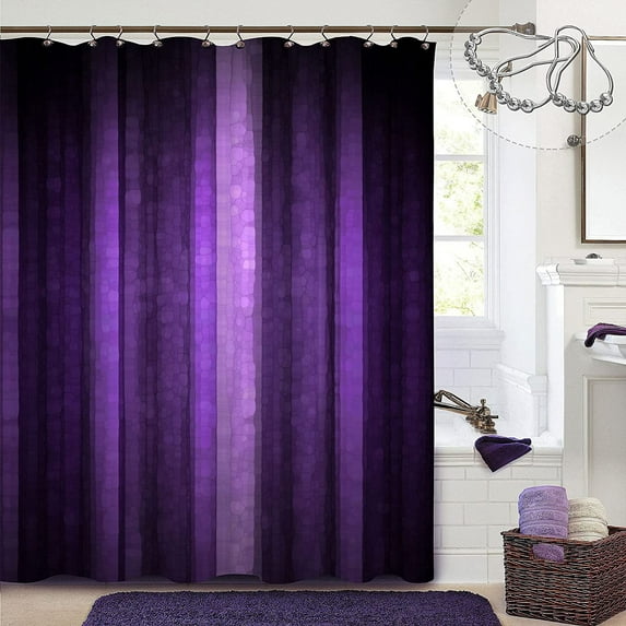 Purple Striped Shower Curtain, Abstract Mosaic Glass Texture and Dark Stripe Shower Curtains, Modern Elegant Neon Purple Art Decorative Fabric Bathroom Curtains Shower Set with Hooks, 72 x 72