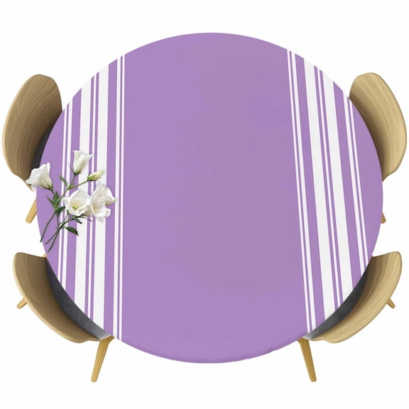 Purple Striped Table Cloth, Round Fitted Tablecloths with Elastic Edge, Luxurious White Stripes Modern Abstract Art Wipeable Waterproof Table Cover for Kitchen Wedding 55-60 Inches