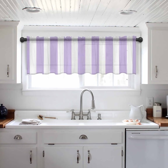 Purple Striped Valance Curtains for Kitchen/Living Room/Bathroom/Bedroom Window, Modern Farmhouse Purple White Stripes Rod Pocket Small Topper Half Short Window Curtains Voile Sheer Scarf 42"x12"